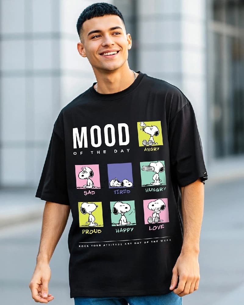 Men's Black Casual Printed Oversized Fit Tshirt