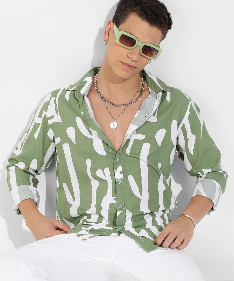 Men's Green Casual Printed Shirt