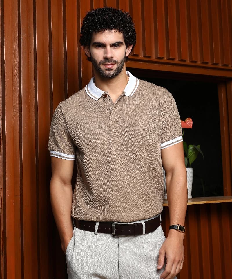 Men's Beige Casual Striped Tshirt