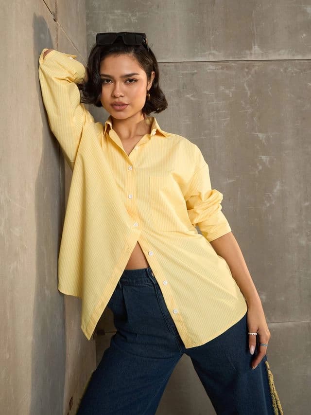 Women's Yellow Casual Striped Oversized Fit Shirt