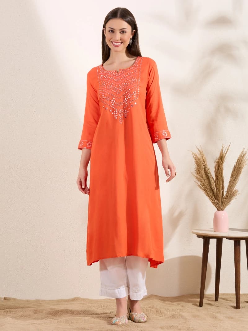 Women's Orange Casual Solid Kurta