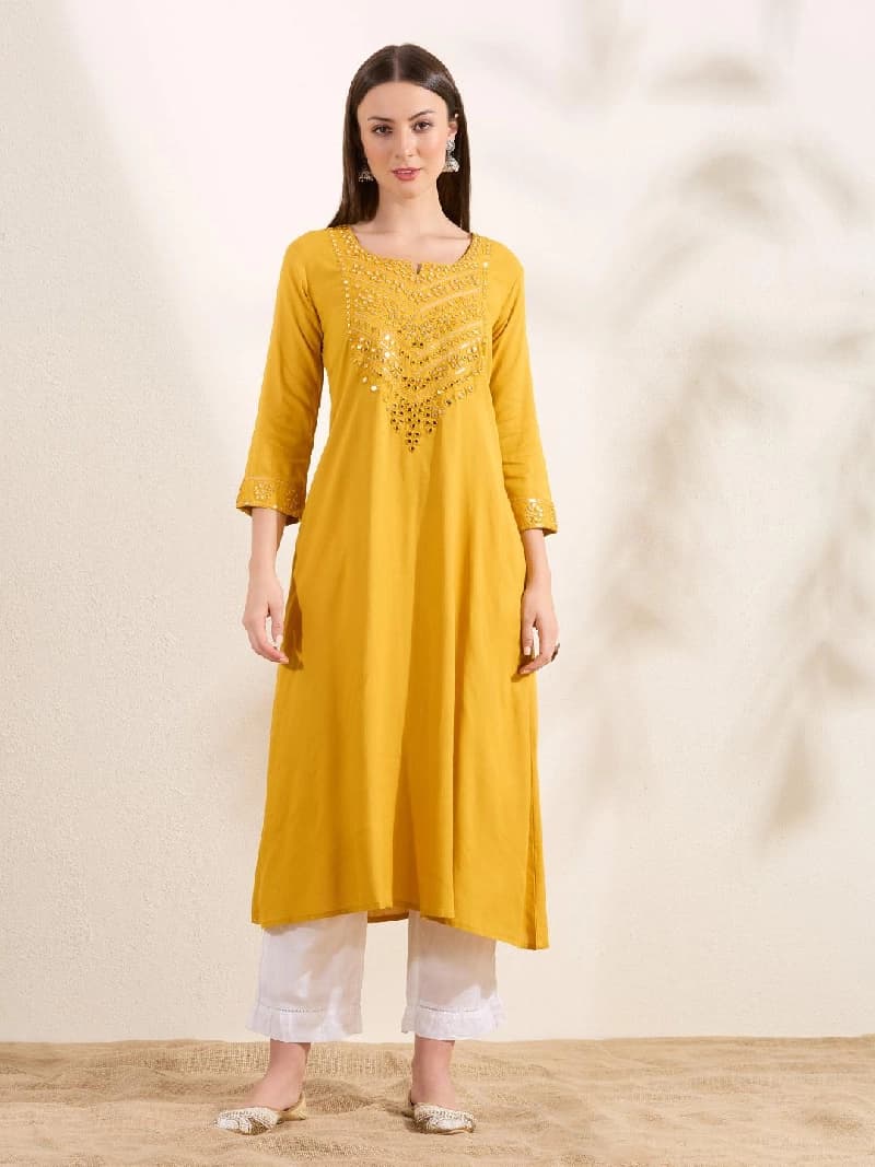 Women's Yellow Casual Solid Kurta