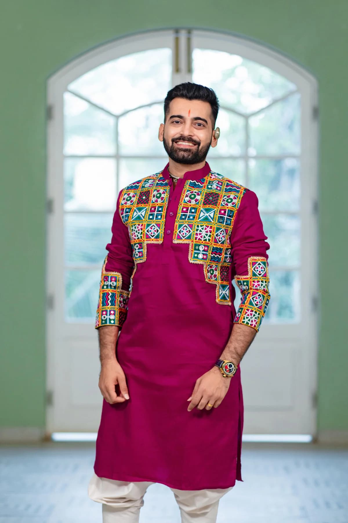 Men's Pink Festive Regular Fit Cotton Kurta