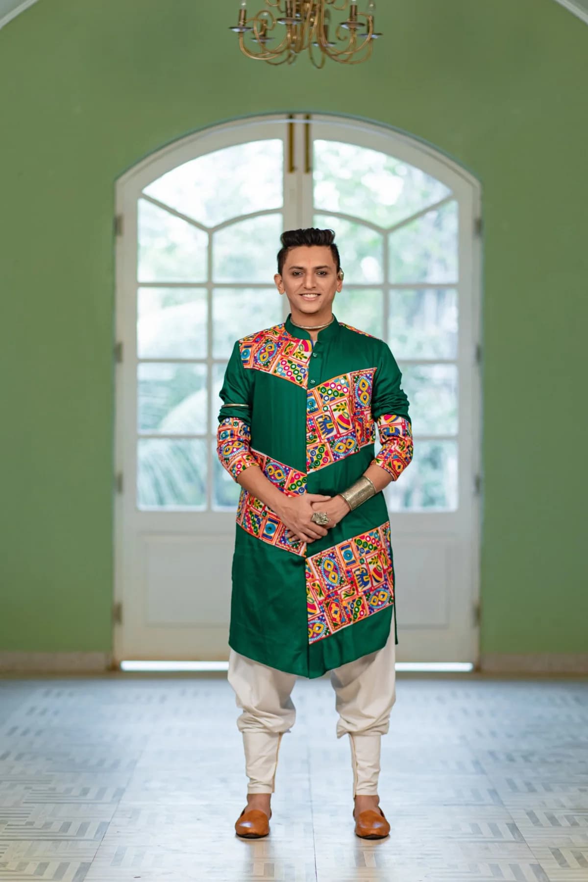 Men's Green Festive Regular Fit Cotton Kurta