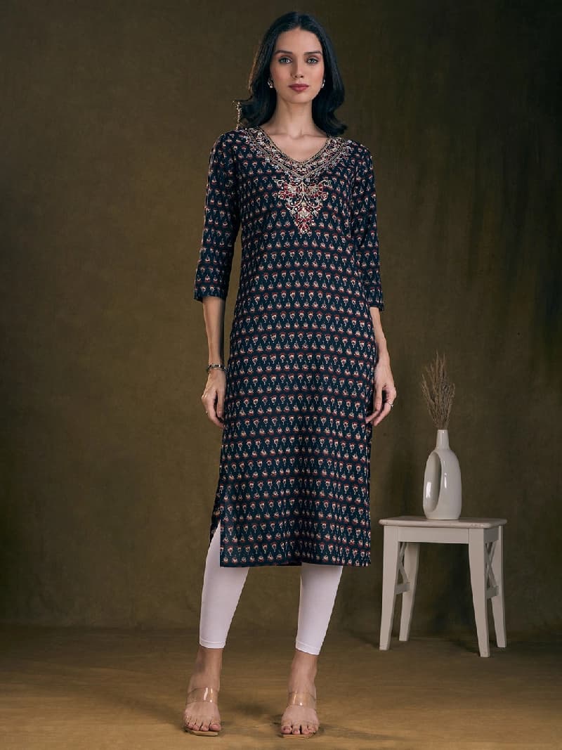 Women's Black Casual Floral Kurta