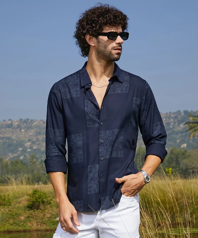 Men's Blue Casual Printed Regular Fit Shirt