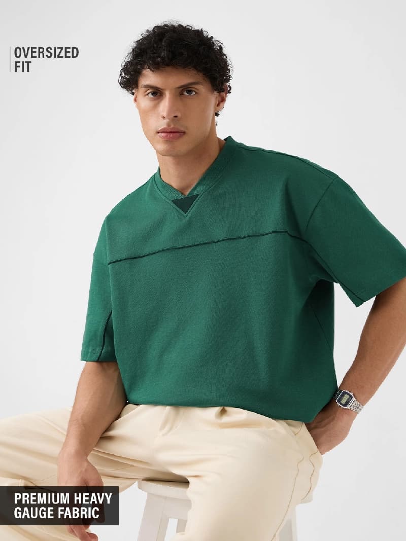 Men's Green Casual Solid Oversized Fit Tshirt
