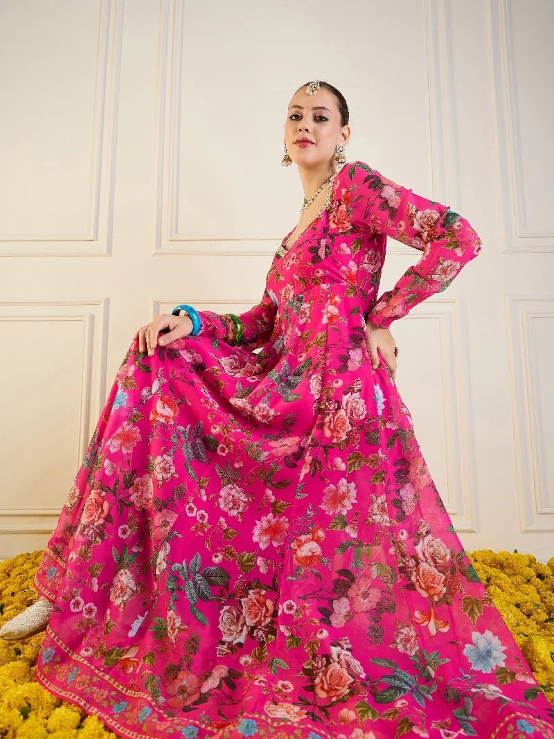 Women's Pink Festive Printed Fit & Flared Kurta