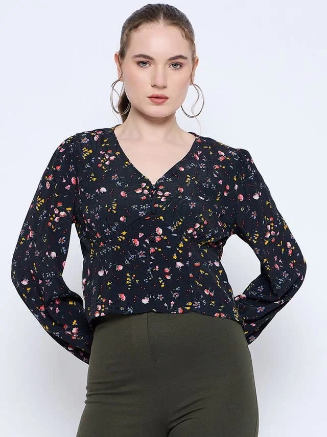 Women's Black Casual Printed Regular Fit Top