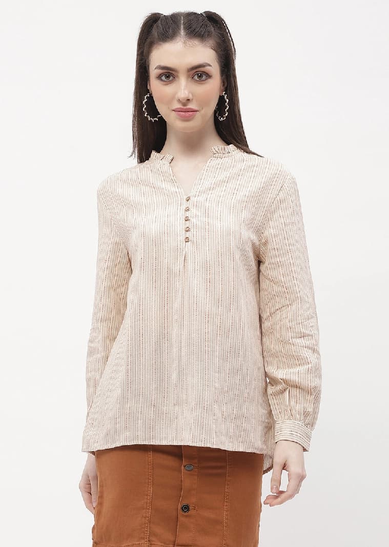 Women's Beige Casual Striped Regular Fit Top