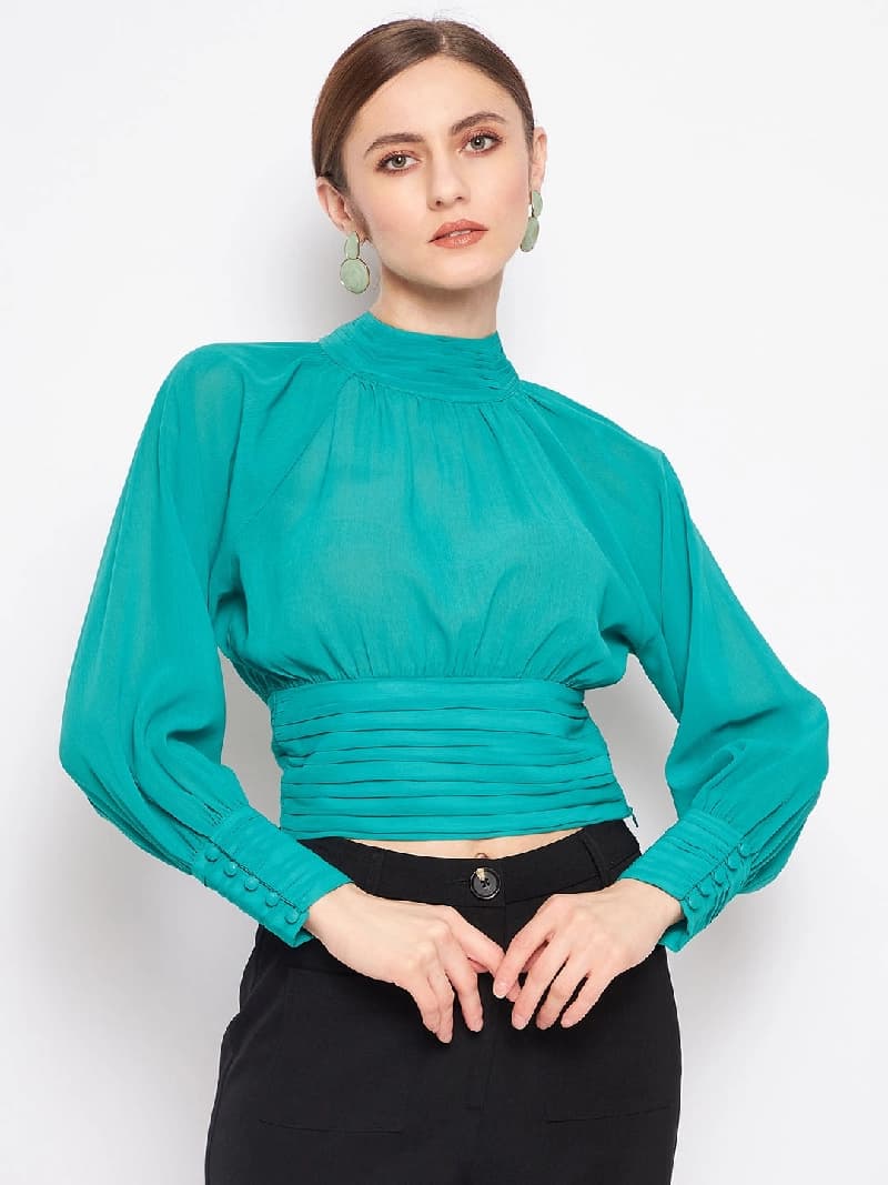 Women's Green Casual Solid Regular Fit Top