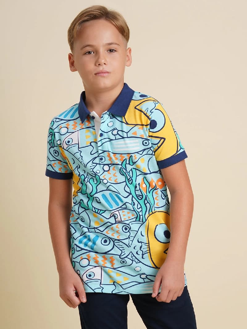 Boys Blue Printed Casual Polo Tshirt