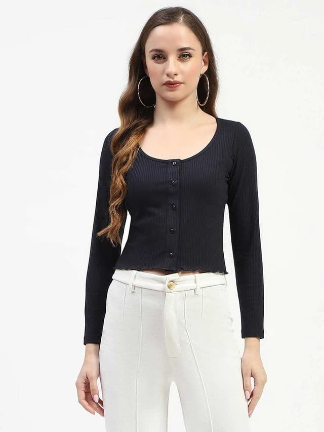 Women's Navy Casual Solid Slim Fit Top