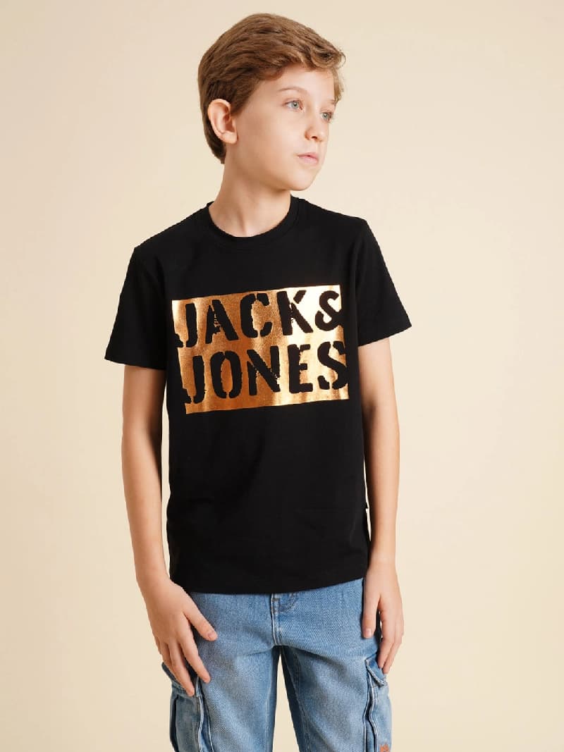 Boys Black Printed Regular Fit Casual Tshirt
