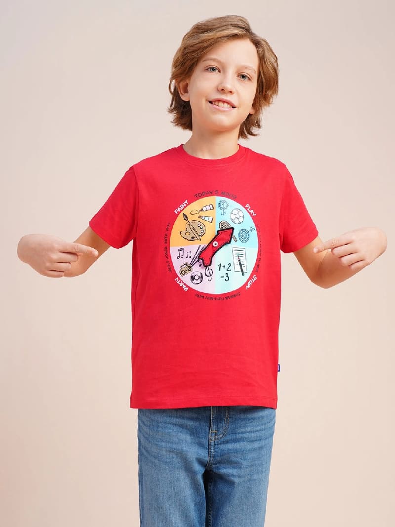 Boys Red Printed Regular Fit Casual Tshirt