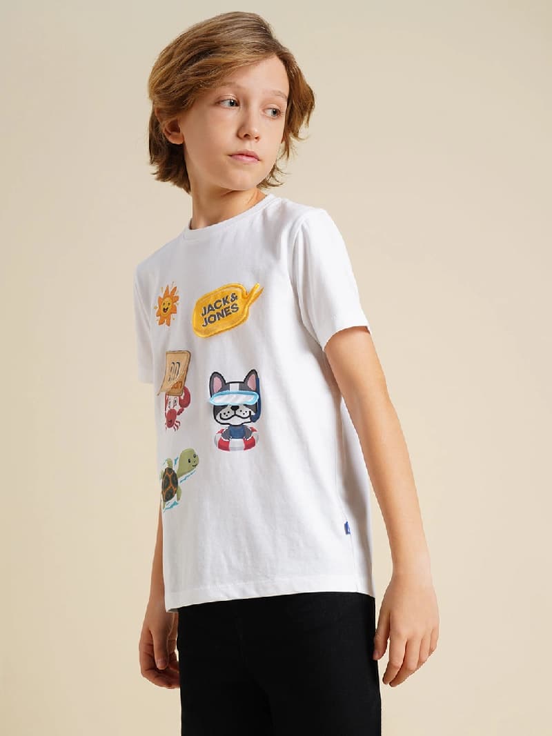 Boys White Printed Regular Fit Casual Tshirt
