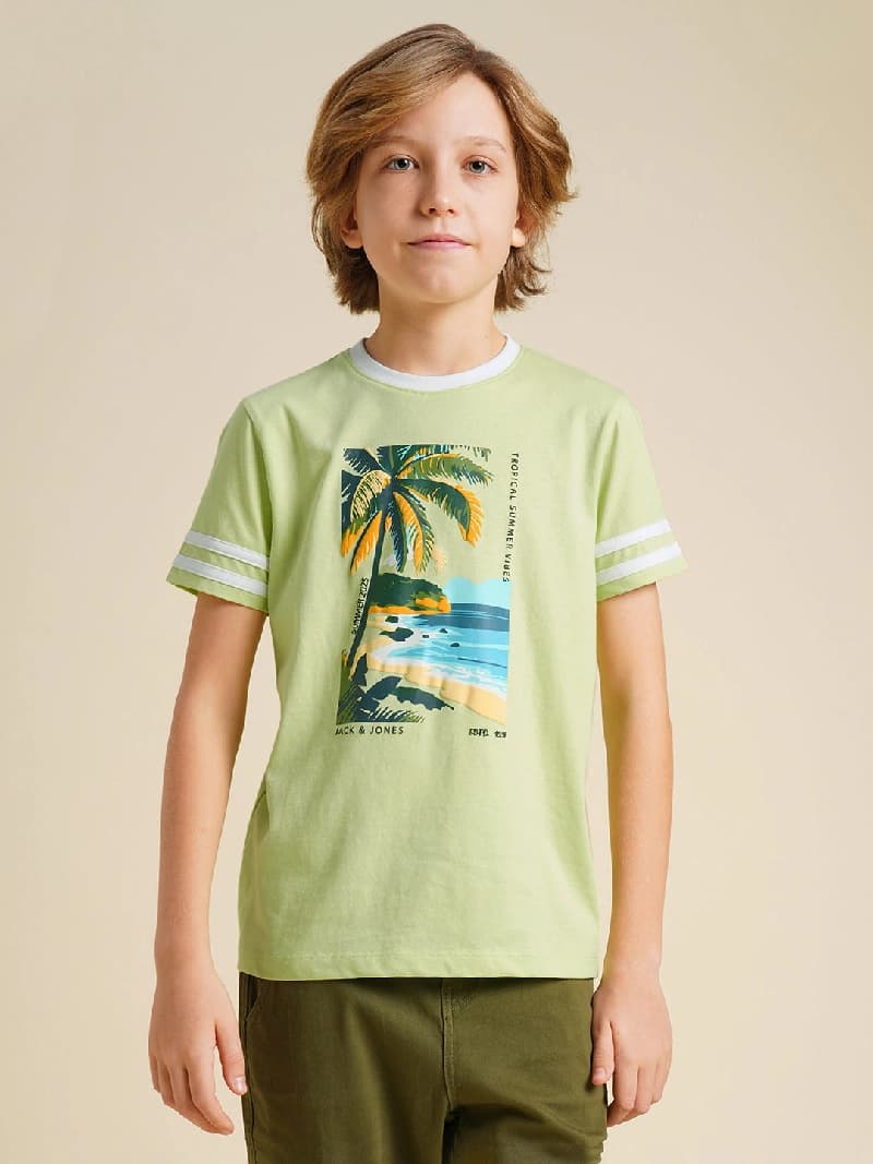 Boys Green Printed Regular Fit Casual Tshirt