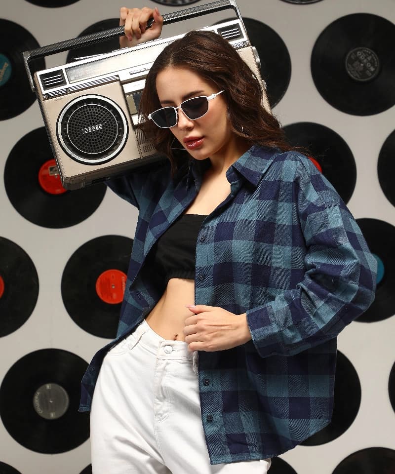 Women's Blue Casual Checked Shirt