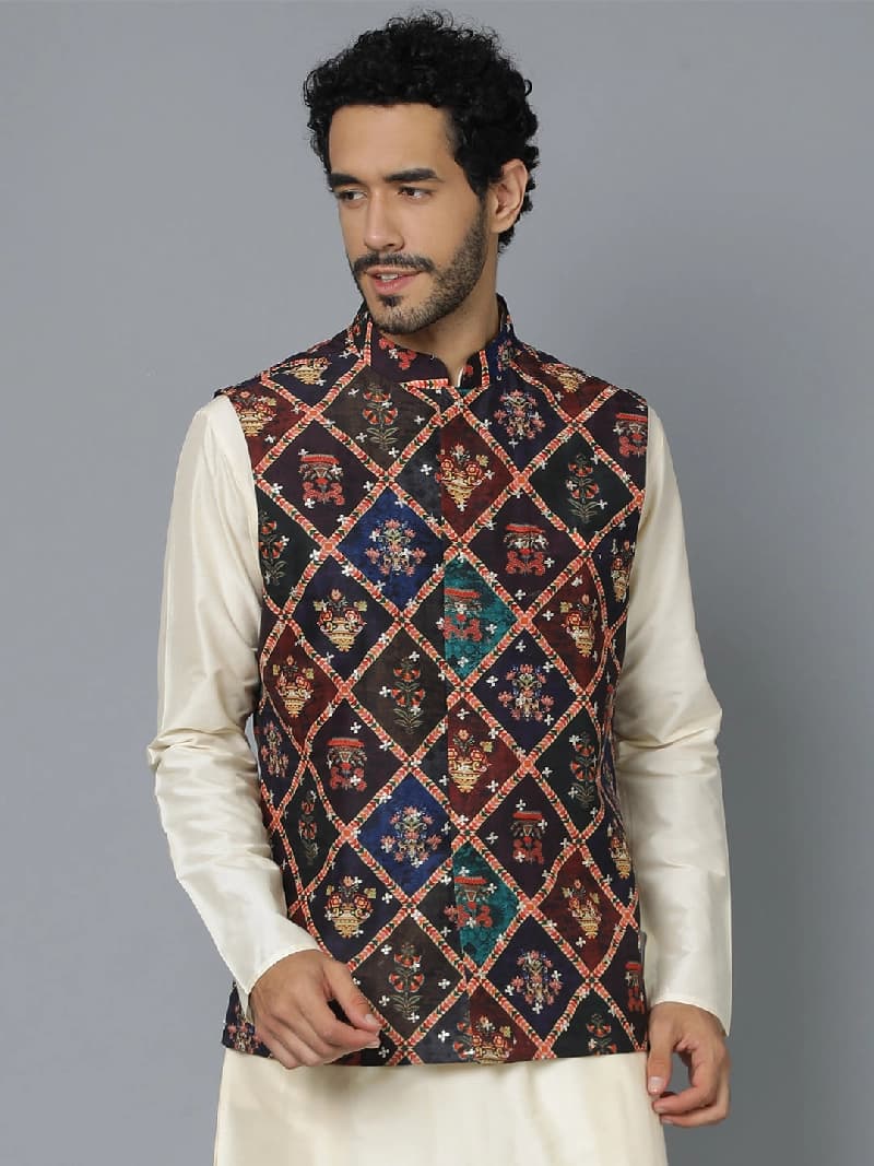 Men's Purple Festive Printed Nehru Jacket