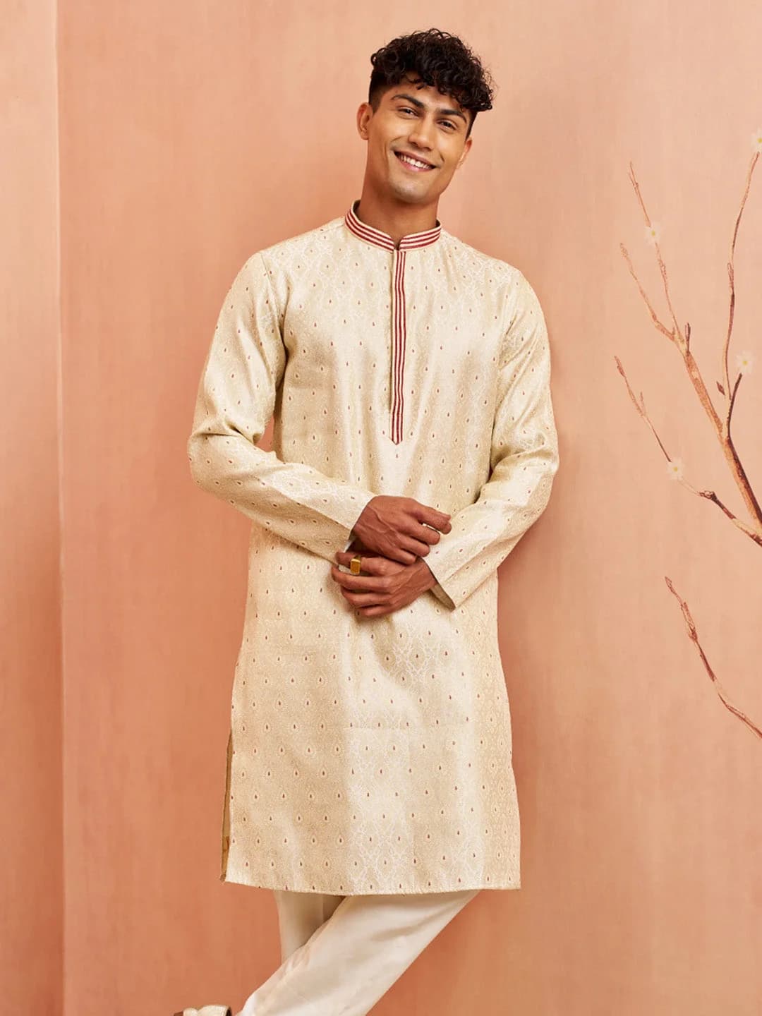 Men's Beige Festive Silk Kurta