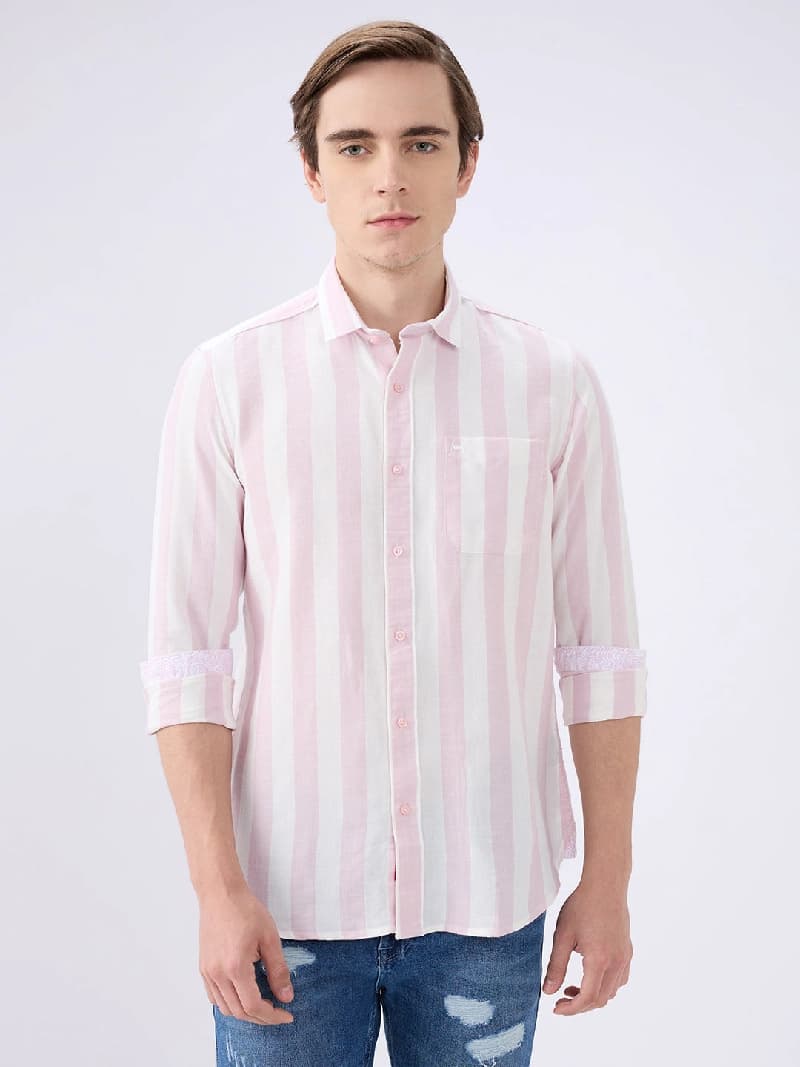 Men's Pink Casual Striped Slim Fit Shirt