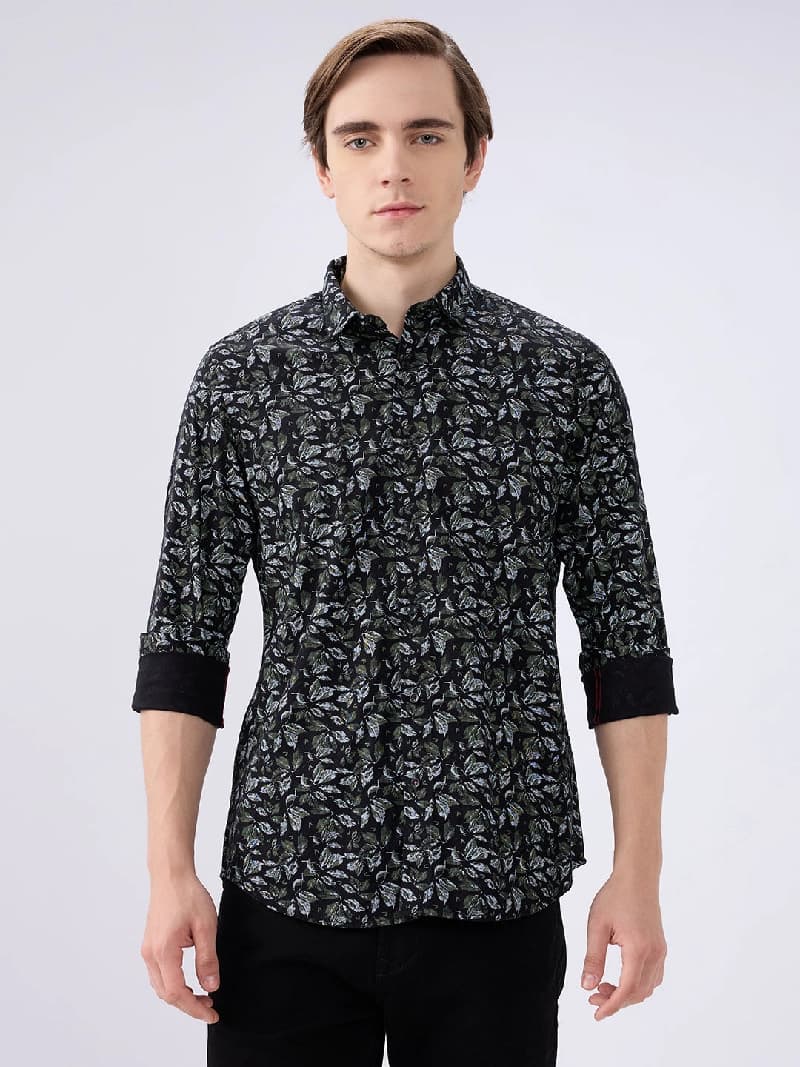 Men's Black Casual Printed Slim Fit Shirt