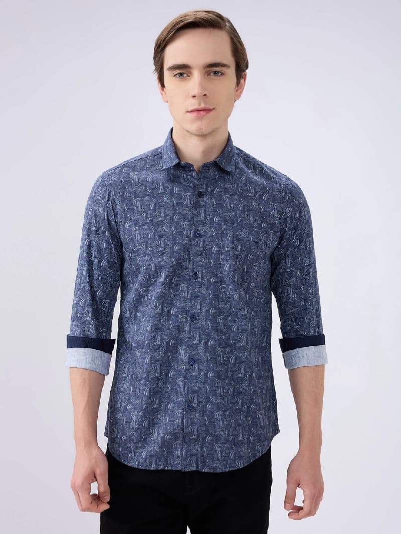 Men's Navy Casual Printed Slim Fit Shirt