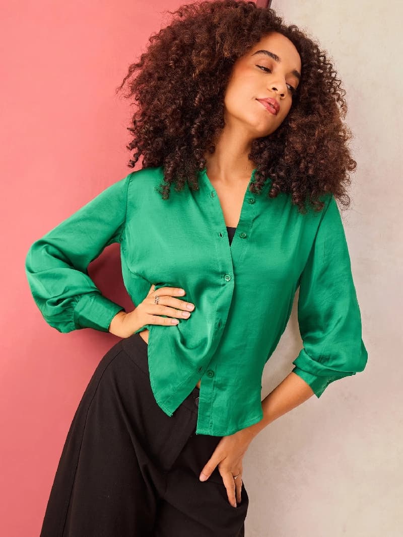 Women's Green Party Solid Regular Fit Shirt