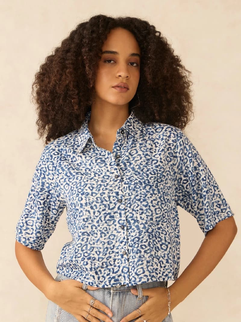 Women's Blue Casual Printed Oversized Fit Shirt