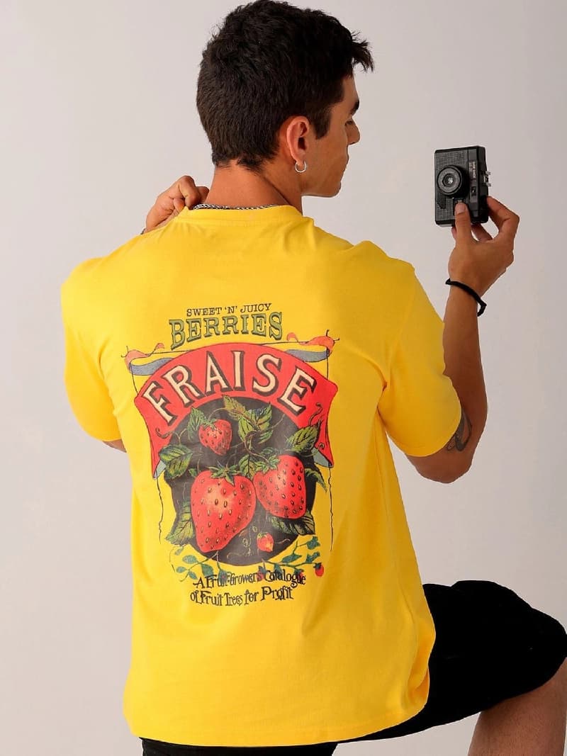 Men's Yellow Casual Printed Oversized Fit Tshirt