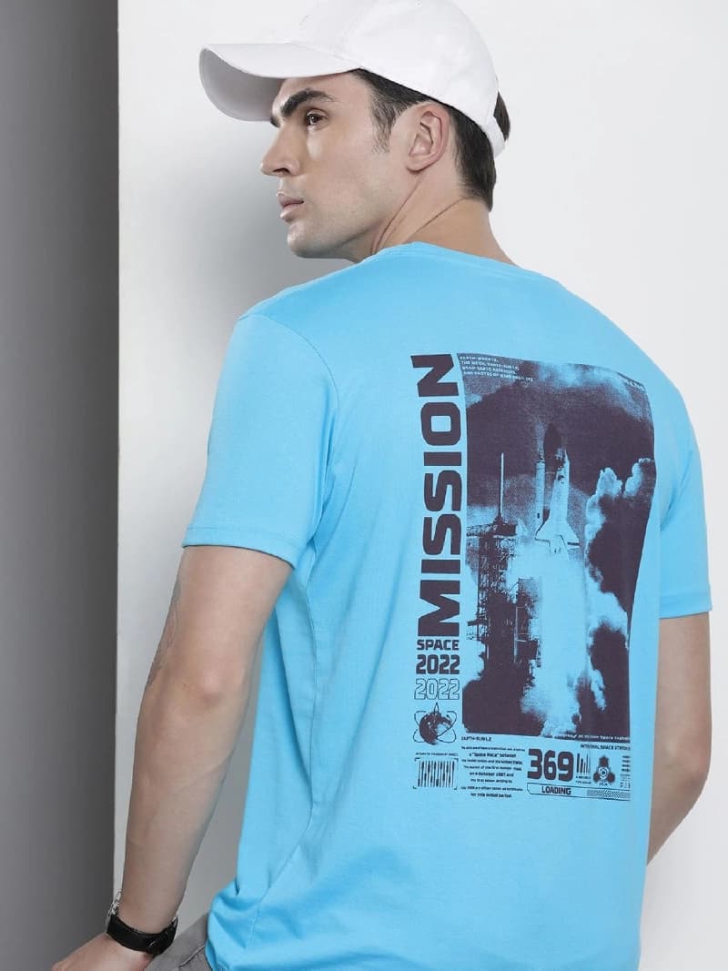 Men's Blue Casual Printed Regular Fit Tshirt