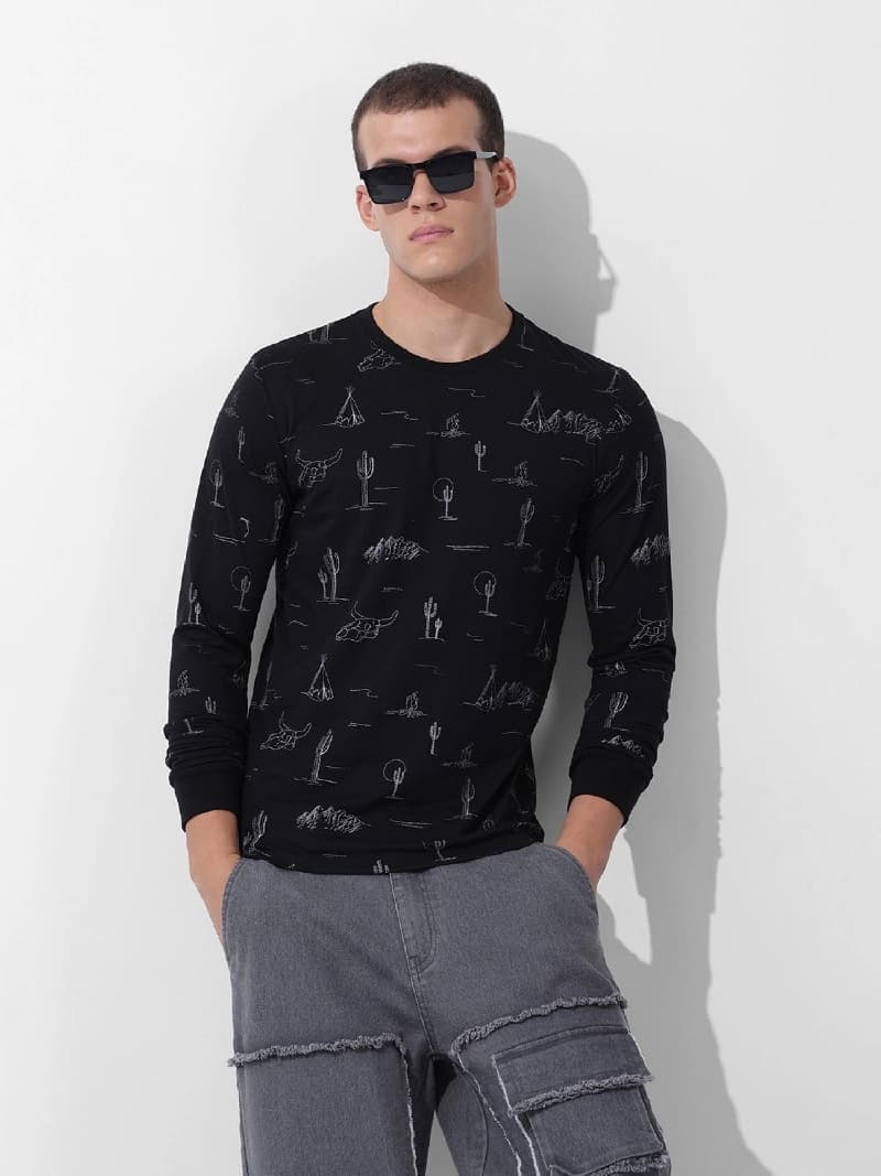 Men's Black Casual Printed Regular Fit Tshirt
