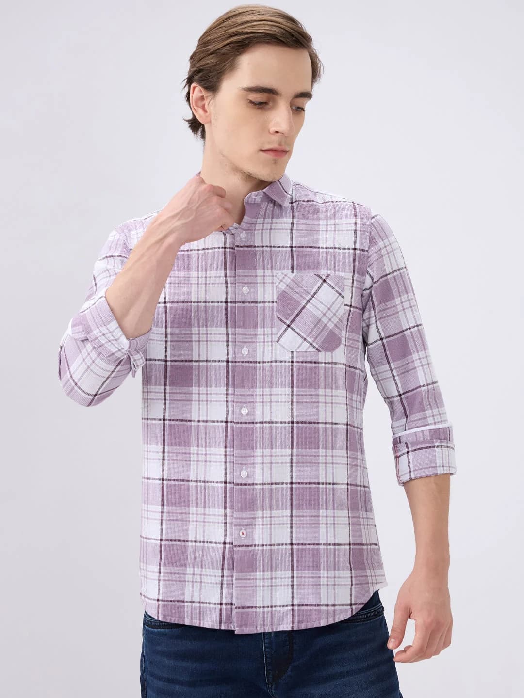 Men's Purple Casual Checked Slim Fit Cotton Shirt