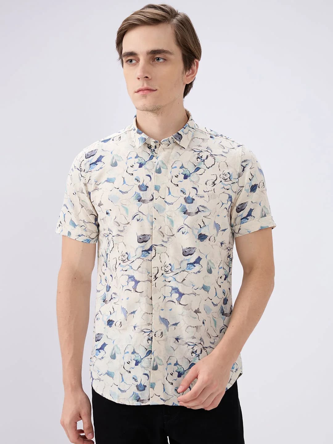 Men's Blue Casual Printed Slim Fit Cotton Shirt