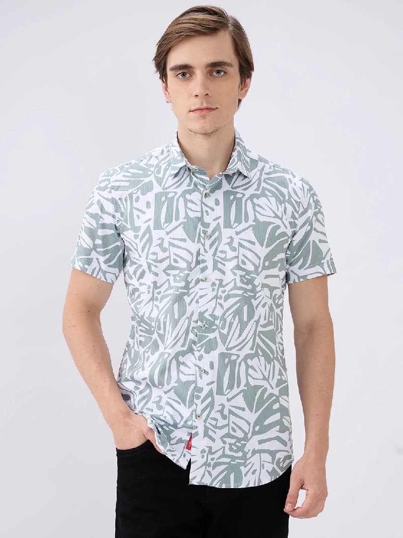 Men's Green Casual Printed Slim Fit Shirt