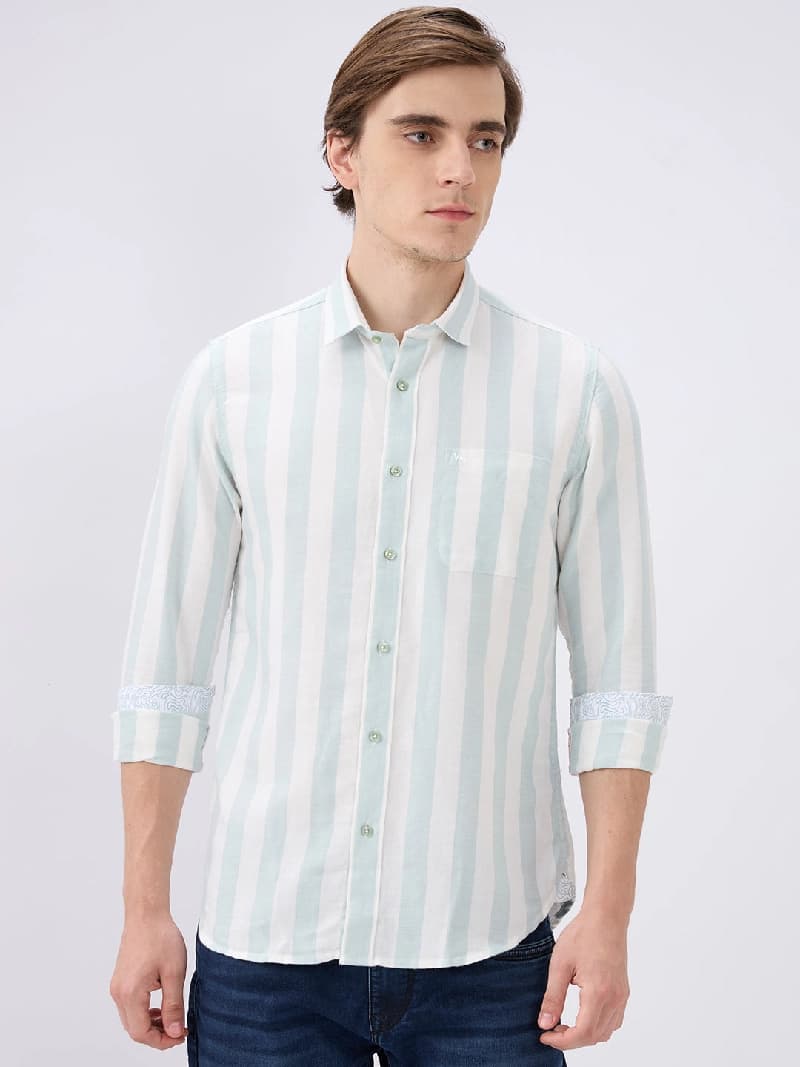 Men's White Casual Striped Slim Fit Cotton Shirt