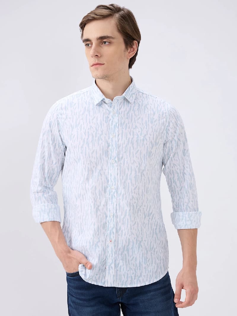 Men's White Casual Printed Slim Fit Shirt
