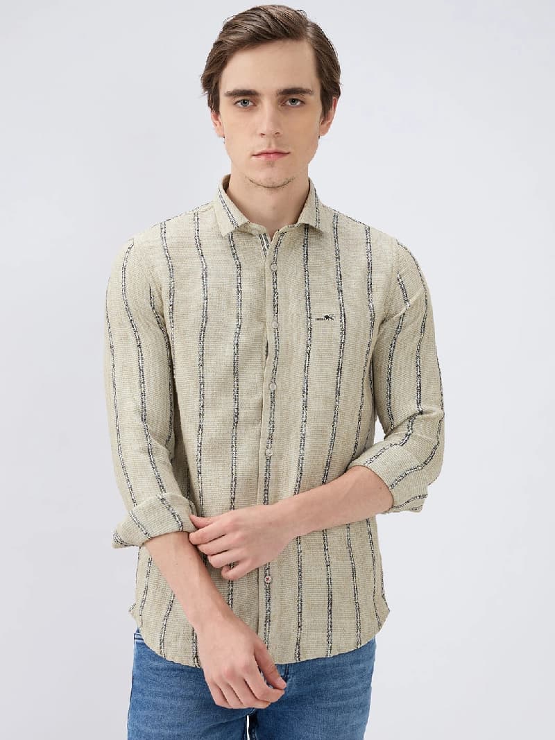 Men's Green Casual Striped Slim Fit Cotton Shirt