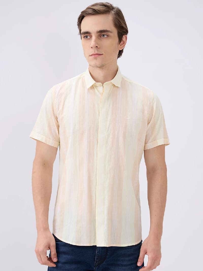 Men's Yellow Casual Striped Slim Fit Cotton Shirt