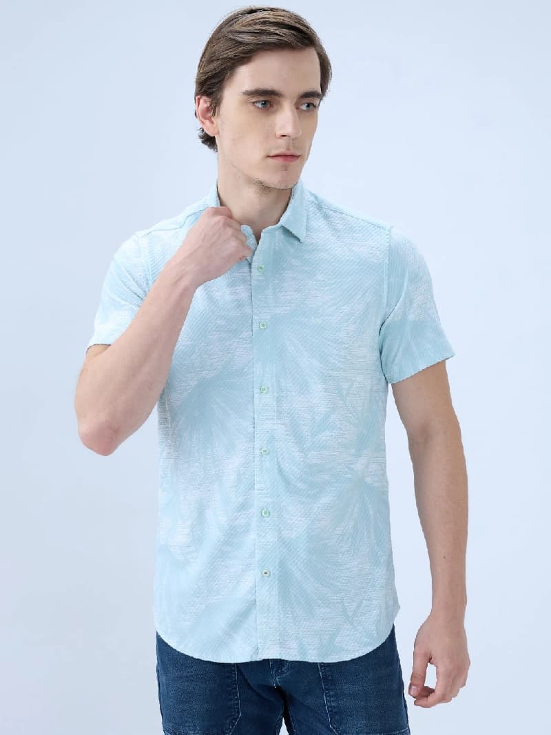 Men's Green Casual Printed Slim Fit Shirt