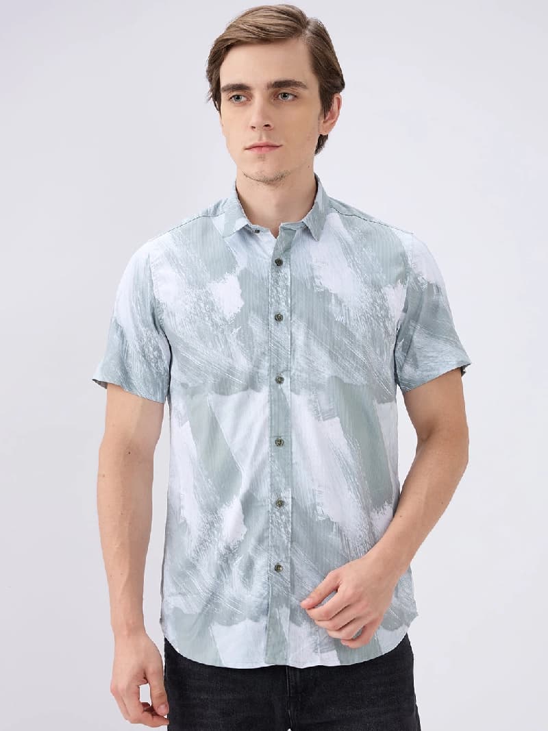 Men's Green Casual Printed Slim Fit Shirt