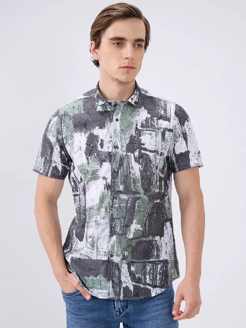 Men's Green Casual Printed Slim Fit Cotton Shirt