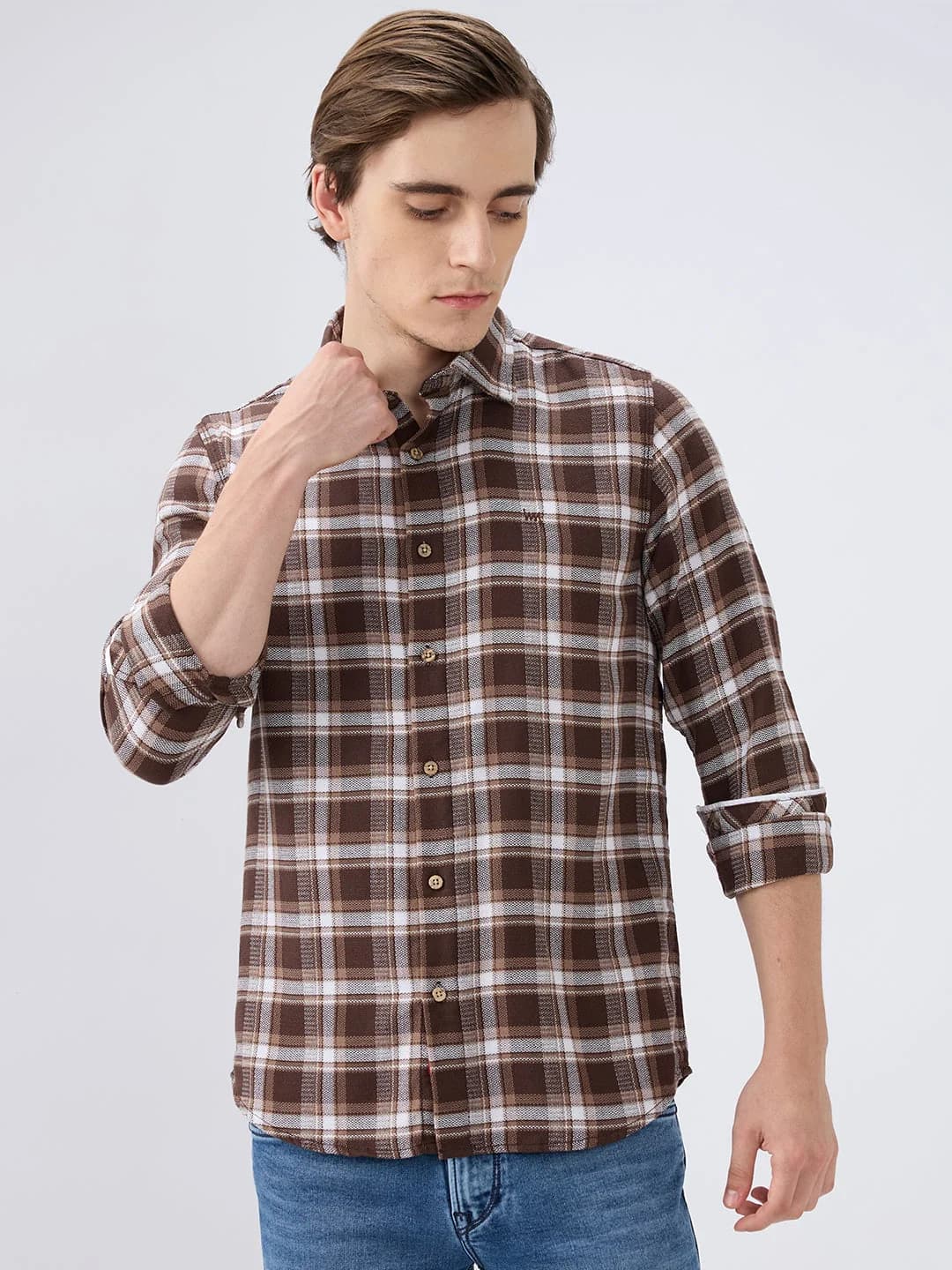 Men's Brown Casual Checked Slim Fit Cotton Shirt