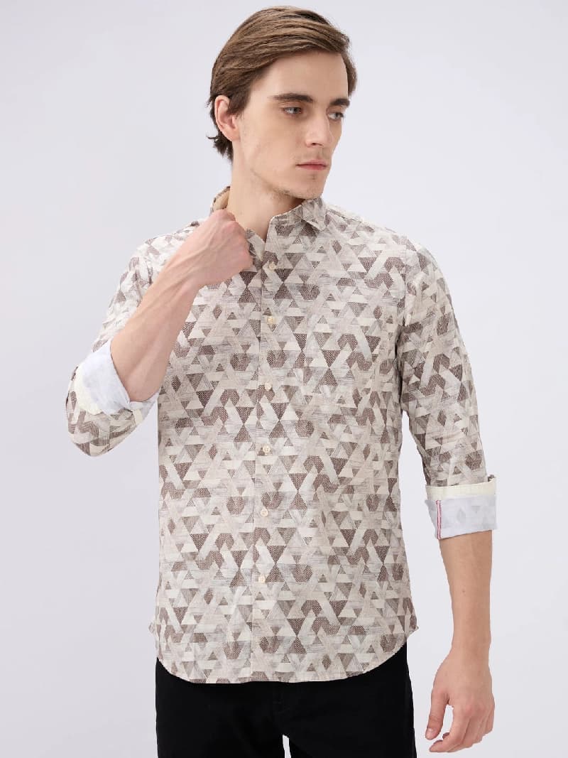Men's Beige Casual Printed Slim Fit Shirt