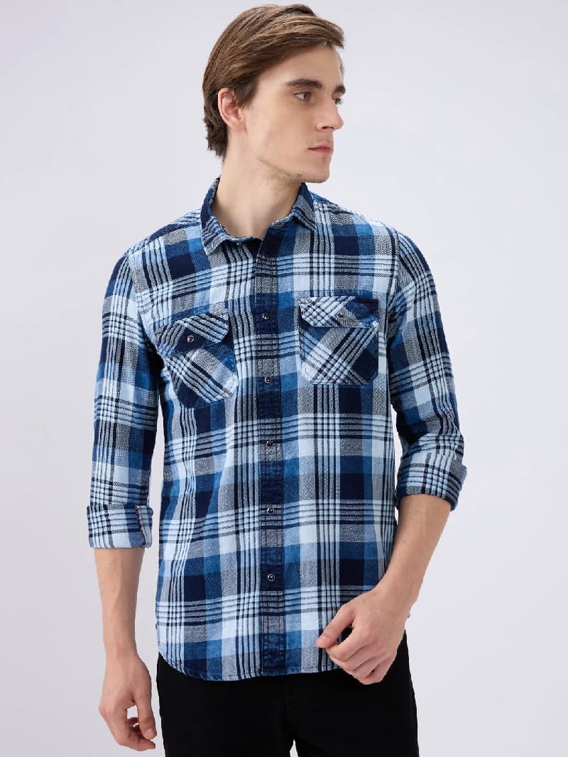 Men's Blue Casual Checked Slim Fit Shirt
