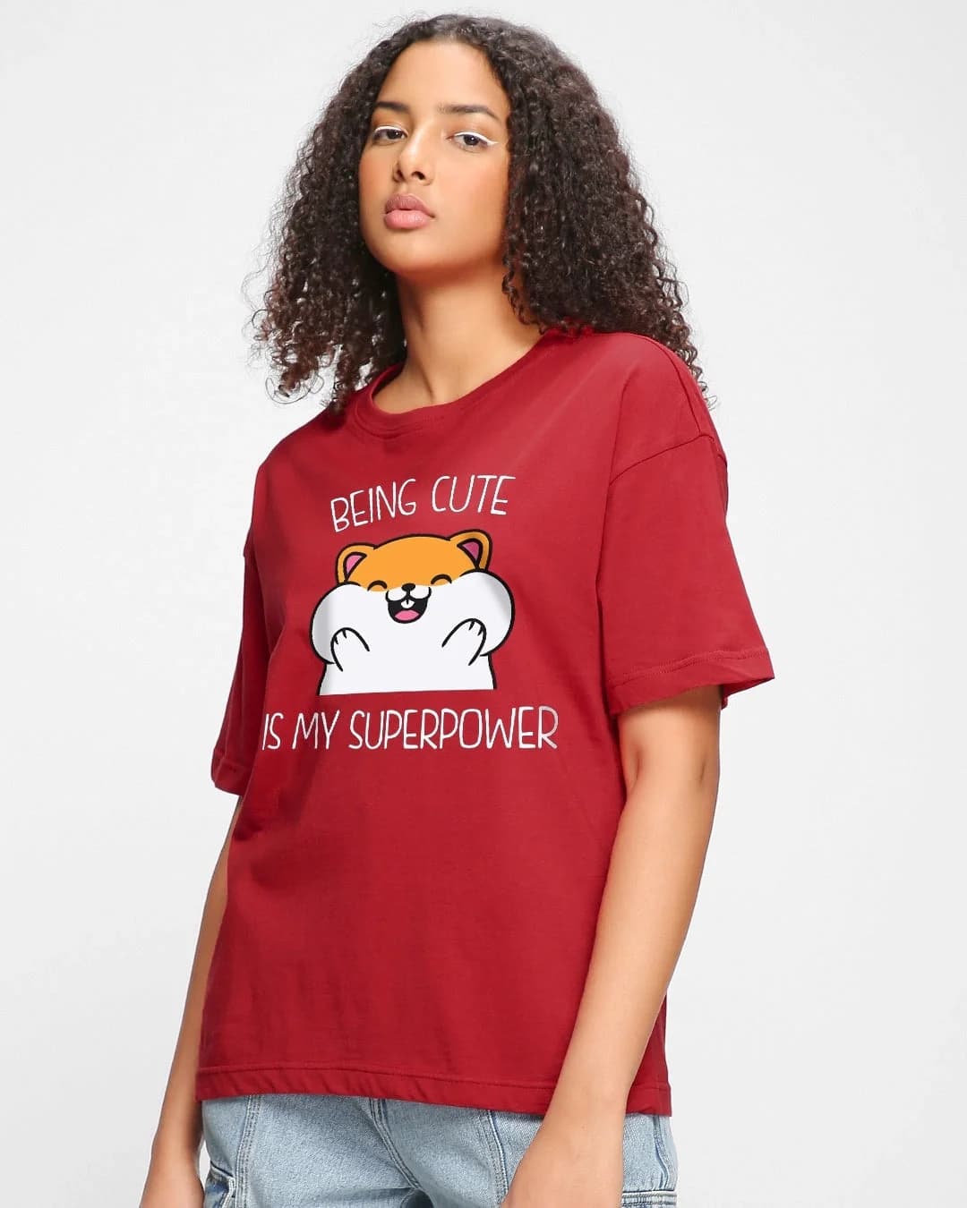 Women's Red Casual Oversized Fit Tshirt
