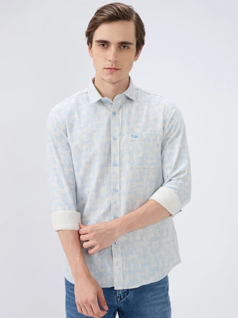 Men's Blue Casual Printed Slim Fit Cotton Shirt