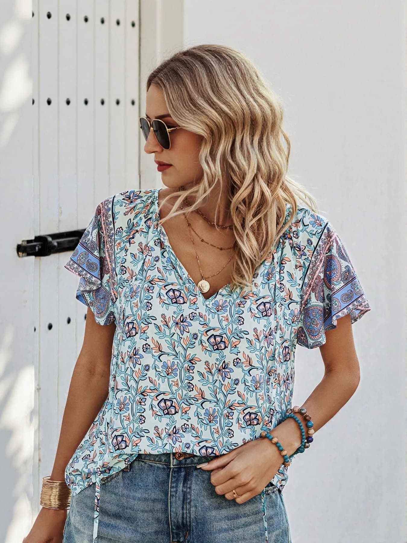 Women's Blue Casual Printed Regular Fit Blouse