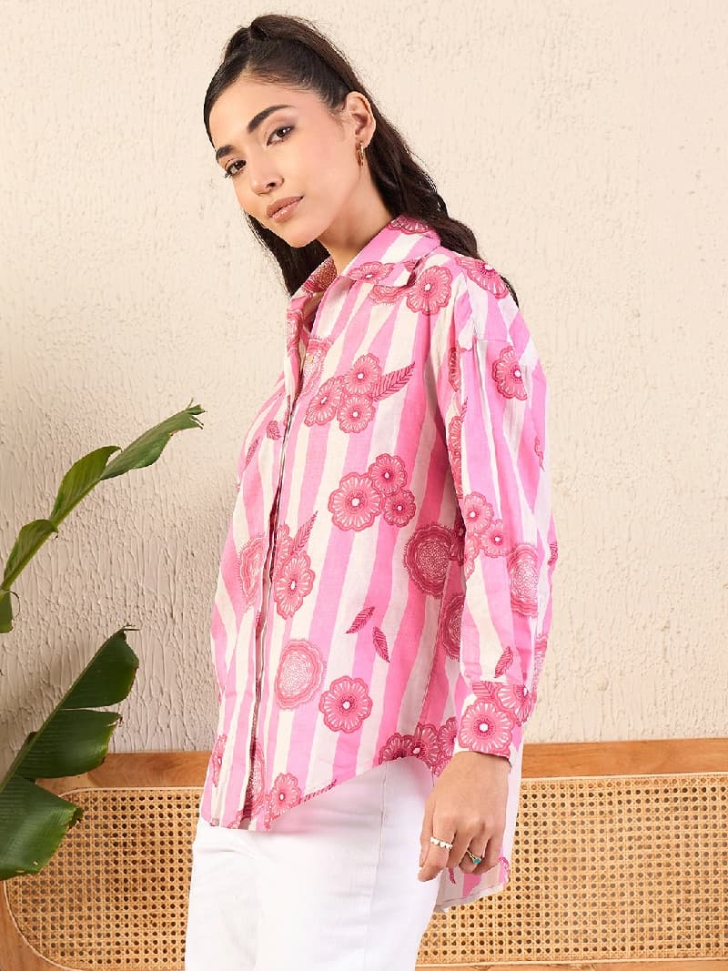 Women's Pink Casual Printed Regular Fit Shirt