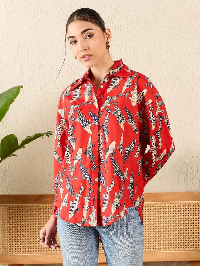 Women's Red Casual Printed Regular Fit Shirt